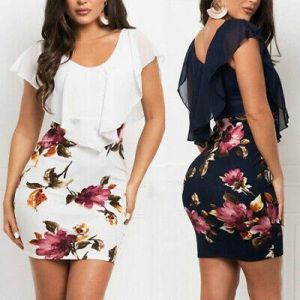 נשים פרחוניות דק Bodycon לפרוע קיץ צווארון V בחזרה שמלת המפלגה מיני